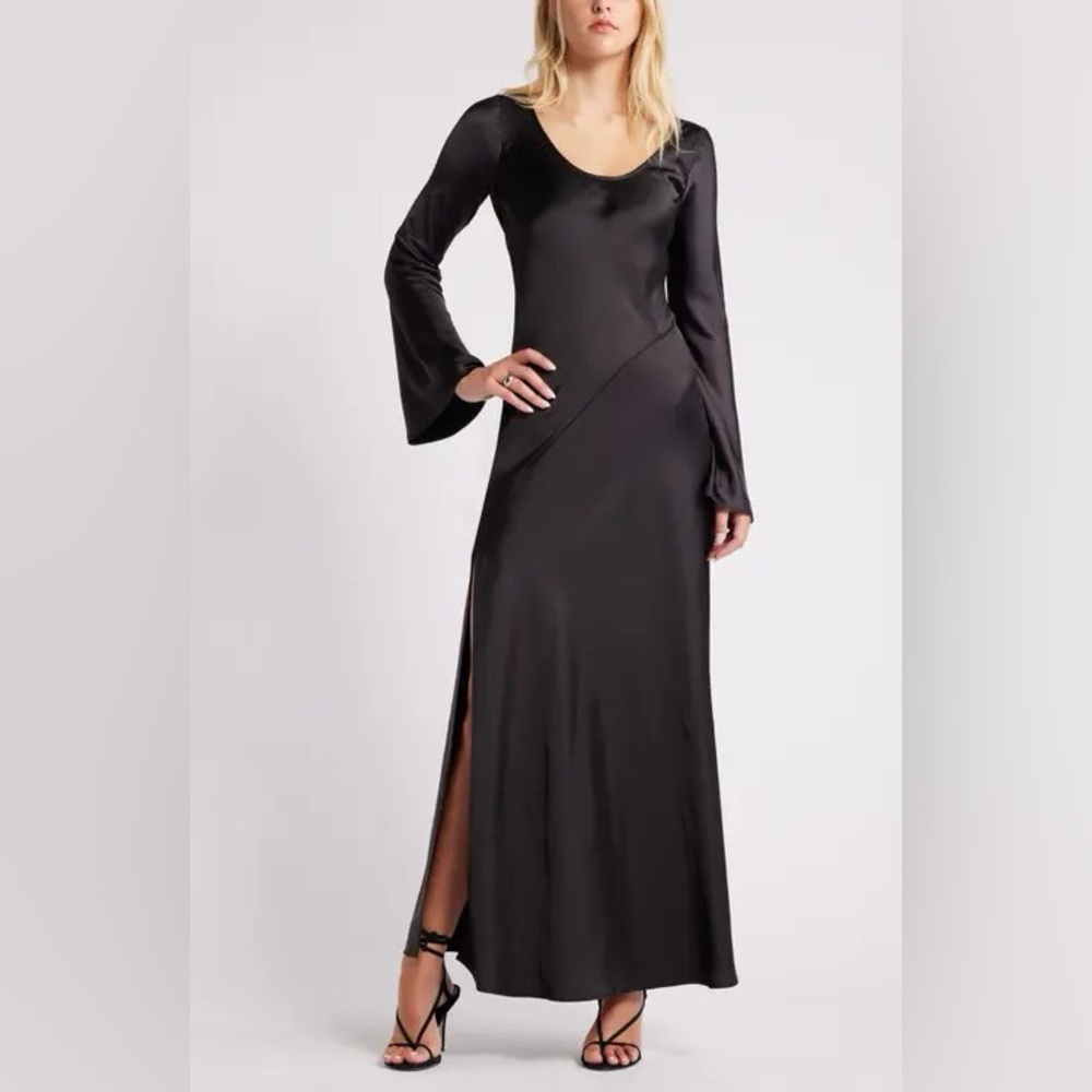 Open Edit Long Sleeve Bias Cut Satin Maxi Dress